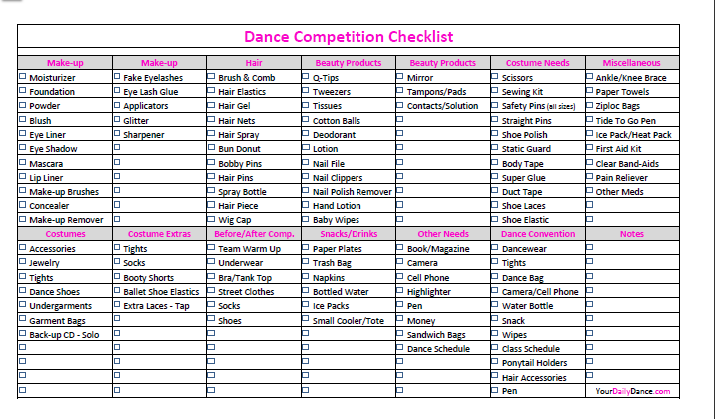 Dance Competition Checklist